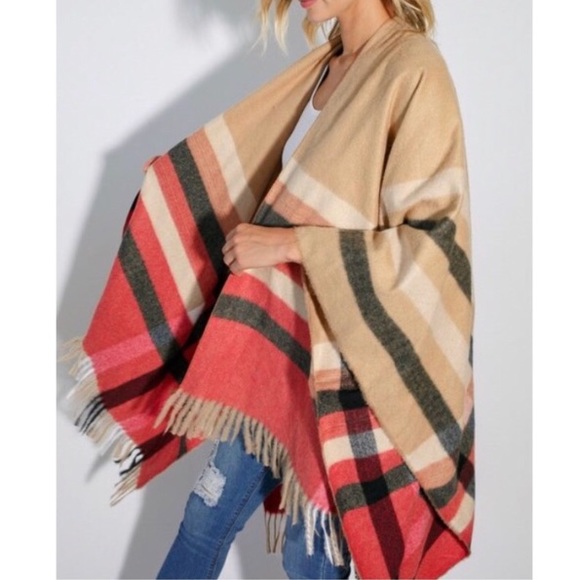 SOLD OUT Multi Color Plaid Fringe Faded Cape Shawl Poncho - Picture 5 of 6